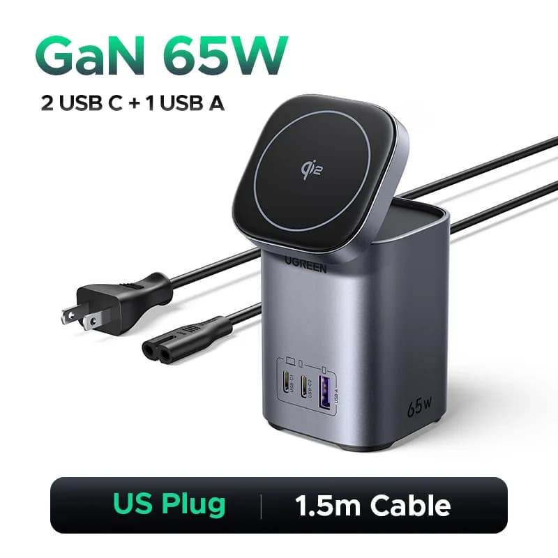 65W GaN デスクトップ充電器 Qi2 ワイヤレススタンド付き