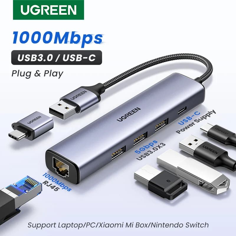 1000Mbps RJ45 & USBハブ付き USB-C イーサネットアダプター
