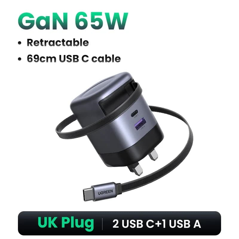 65W GaN充電器 巻き取り式USB-Cケーブル付き