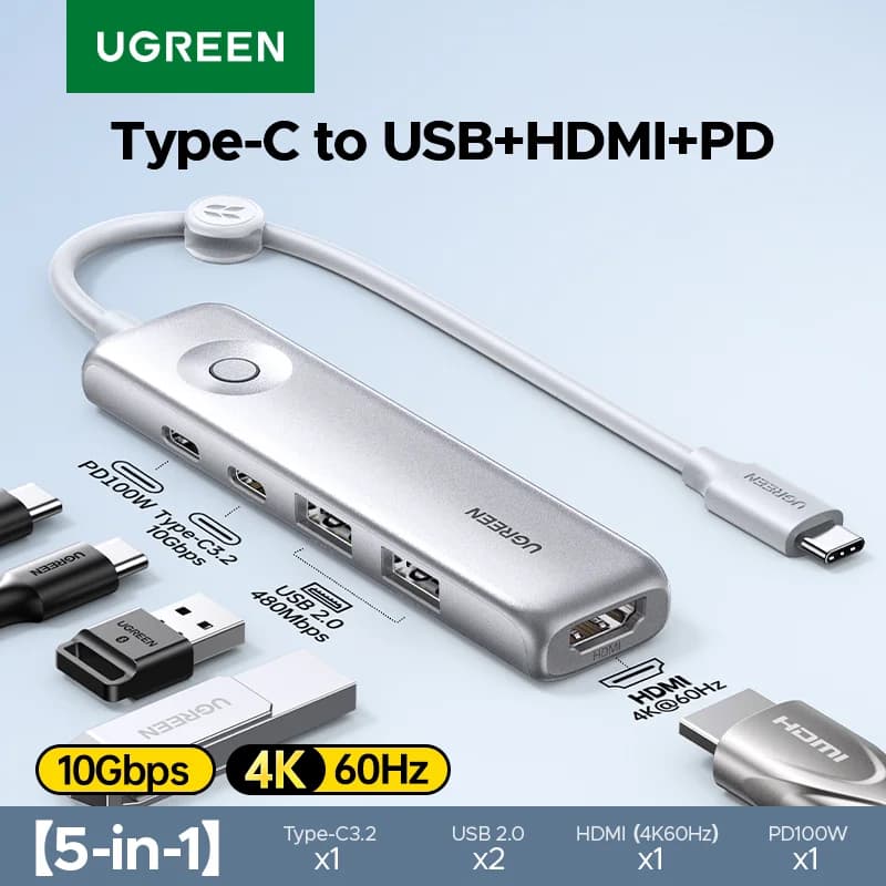 5-in-1 USB-Cハブ、4K HDMI、10Gbps、PD100W対応